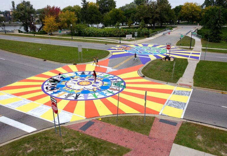 Image of colorful asphalt art in the middle of an intersection in Kansas City. Image credit: Bloomberg Philanthropies