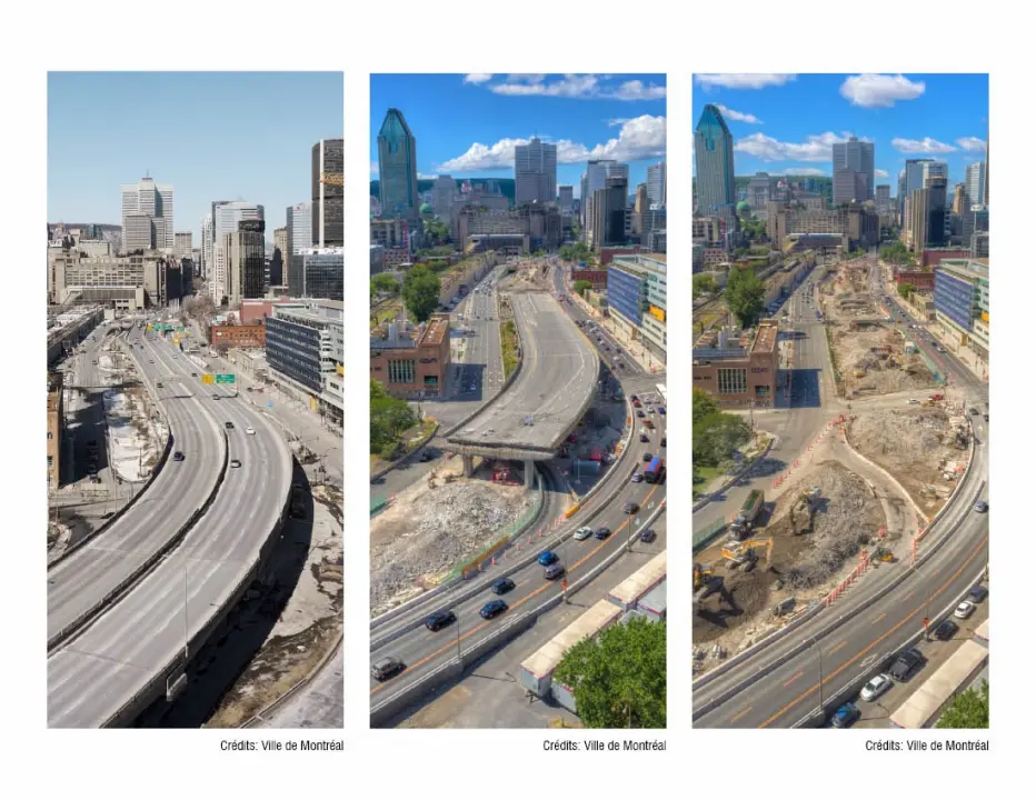 3 images showing the process of removing the highway in Montreal.
