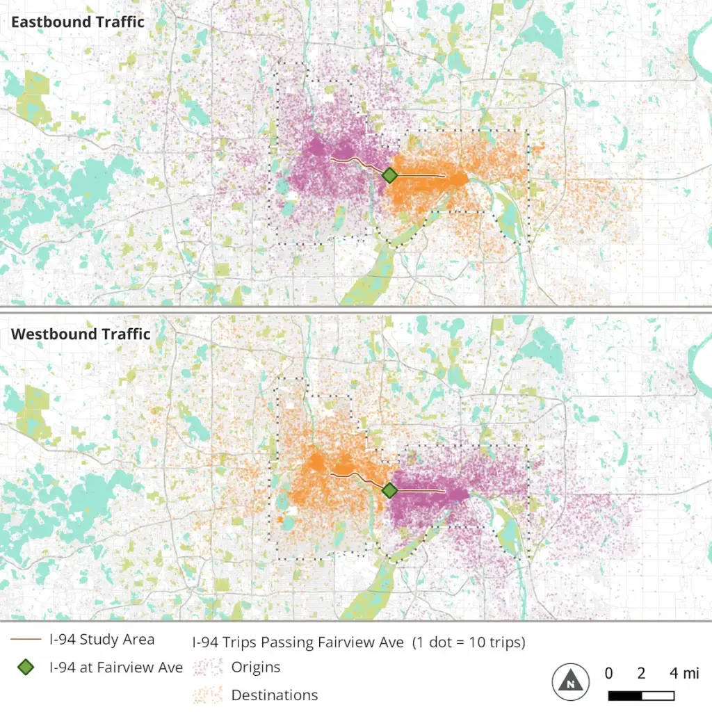 Plot diagram showing eastbound to westbound and vice versa trips on I-94. The dots are concentrated locally, showing most trips are short trips.