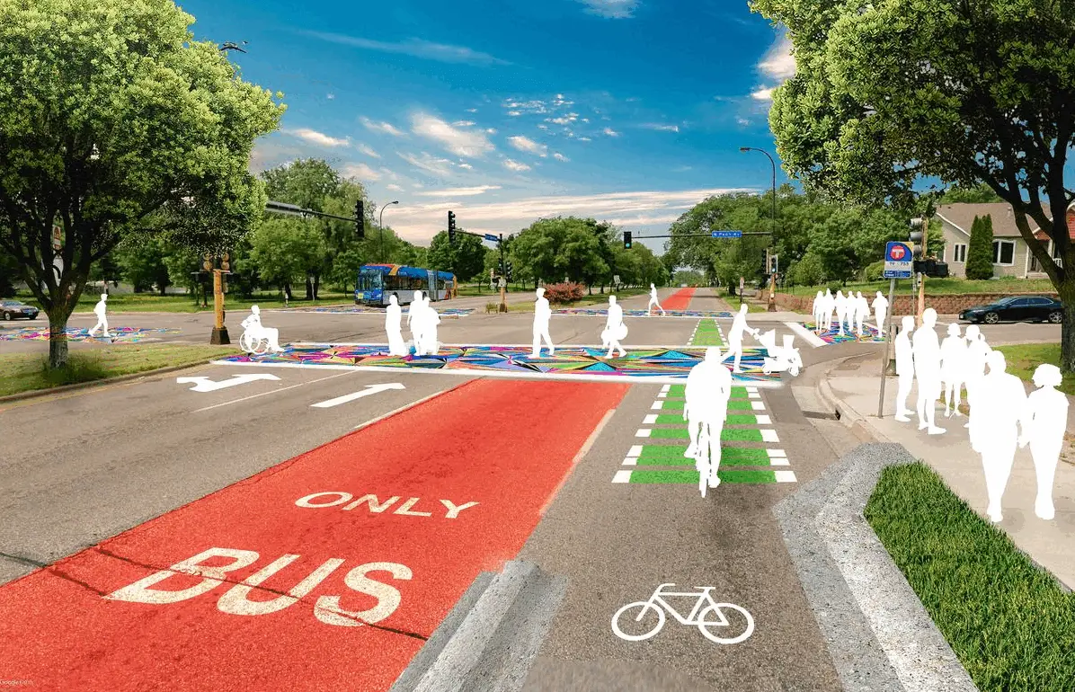 Rendering of phase one safety improvements, including asphalt art, bike lanes, bus rapid transit, and greenery.