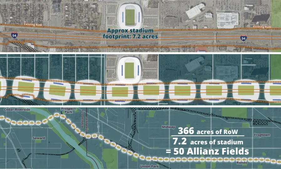 aerial map image of footprint of Allianz Field Stadiums along the corridor, communicating the amound of land the highway uses