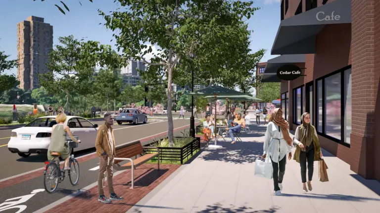 Rendering of what Cedar Avenue could look like with 94 removed. It shows businesses and pedestrian traffic