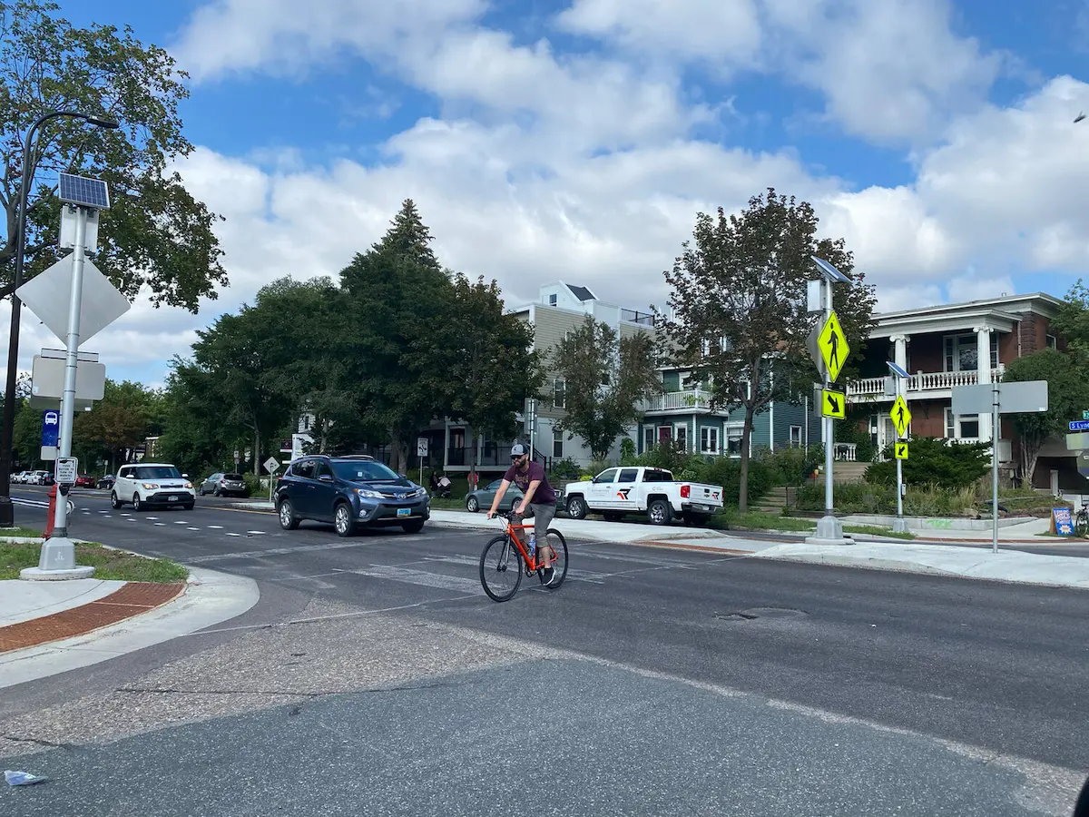 Person biking across Lyndale near the crosswalk after the 4:3 conversion. 