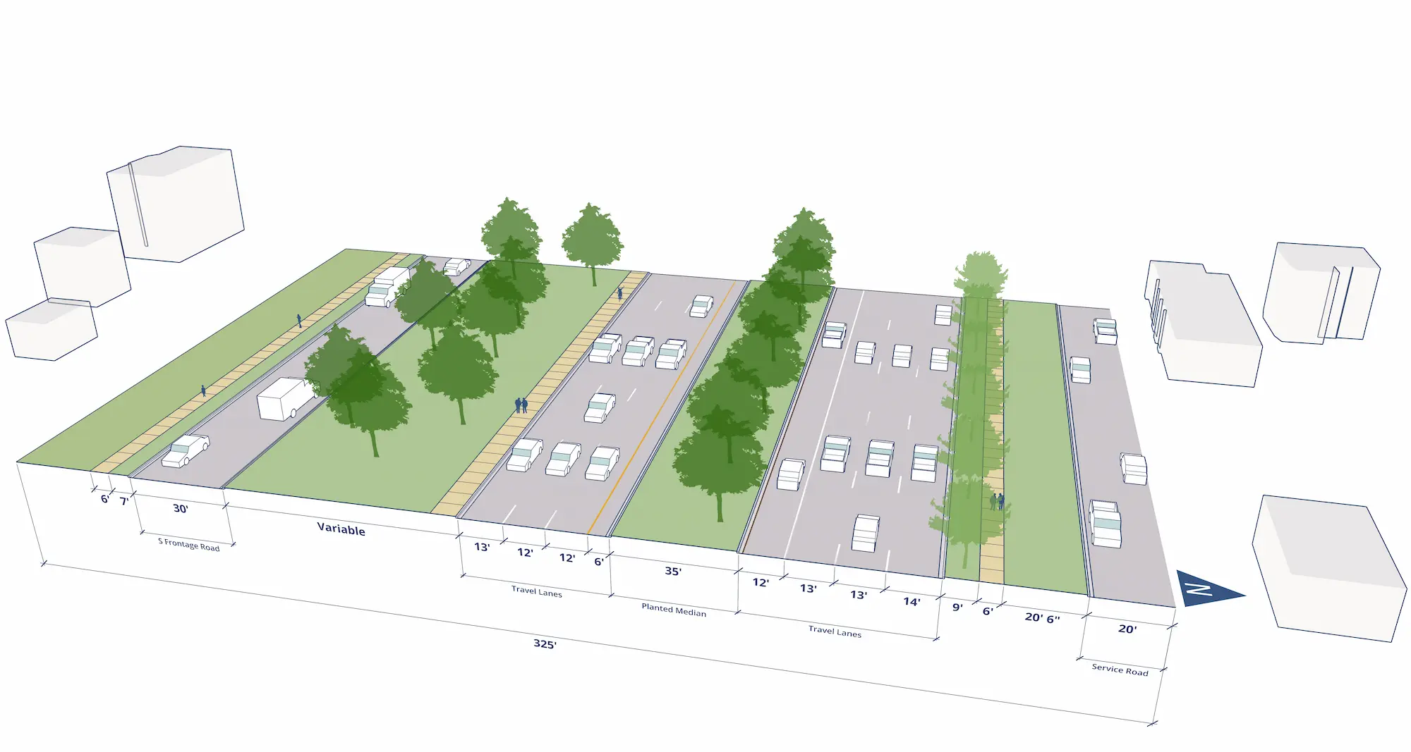 rendering of what Olson Memorial Highway looks like today, with car traffic lanes and sidewalks