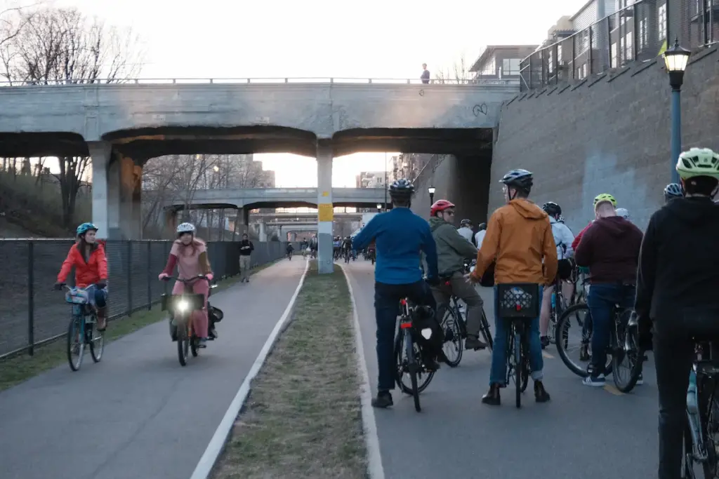 Group of cyclists on the Midtown Greenway.