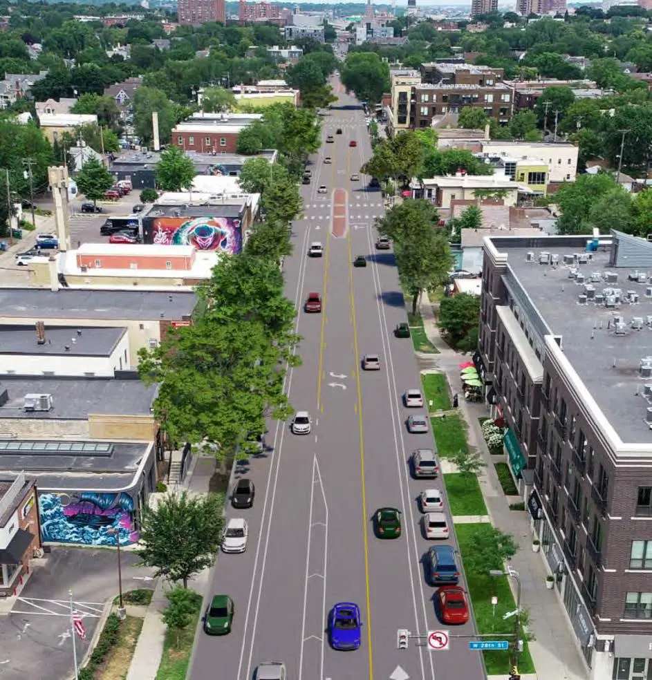 Aerial rendering of a 3-lane Lyndale Avenue.