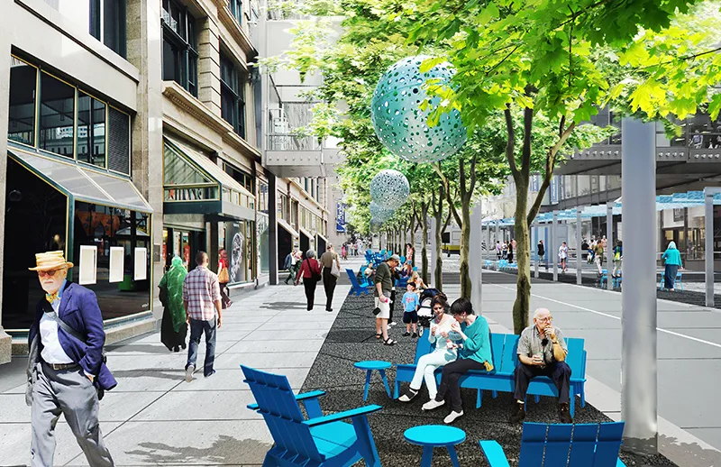 Rendering of what Nicollet Mall shuold have looked like with flexible seating.