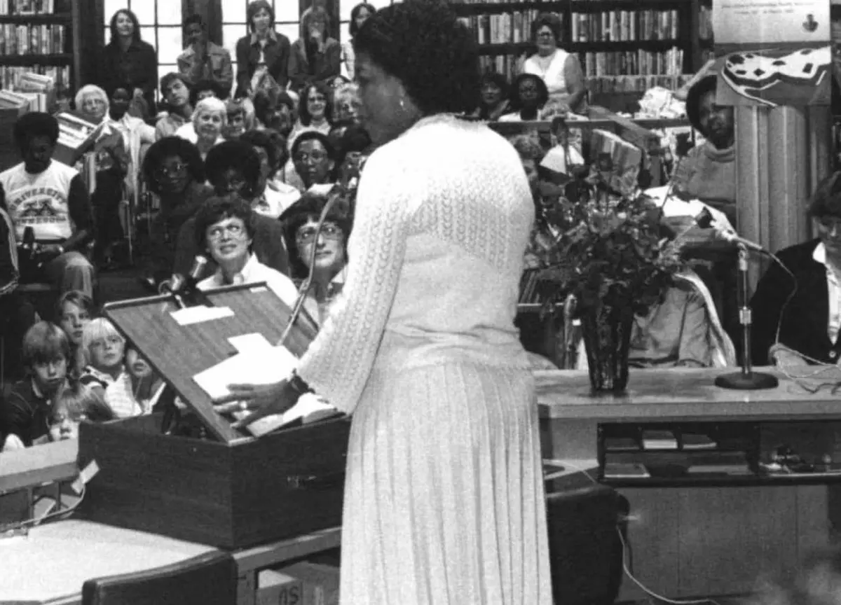 Maya Angelou speaking to a packed room in Sumner Library on September 25, 1981.