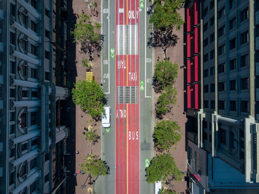 aerial view of bus-only lanes