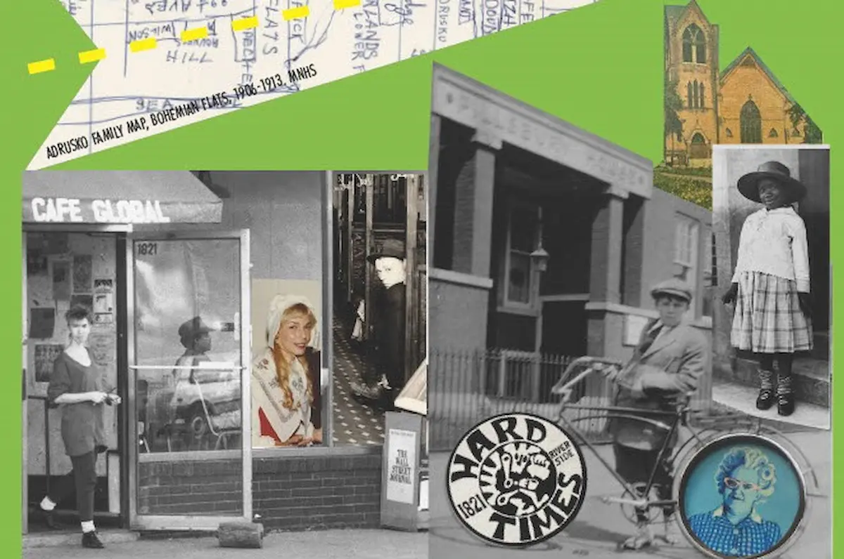 Photos of the West Bank, also known as Riverside. Black and white photos of buildings, the hard times logo, a woman wearing Scandinavian dress, and a young black girl.