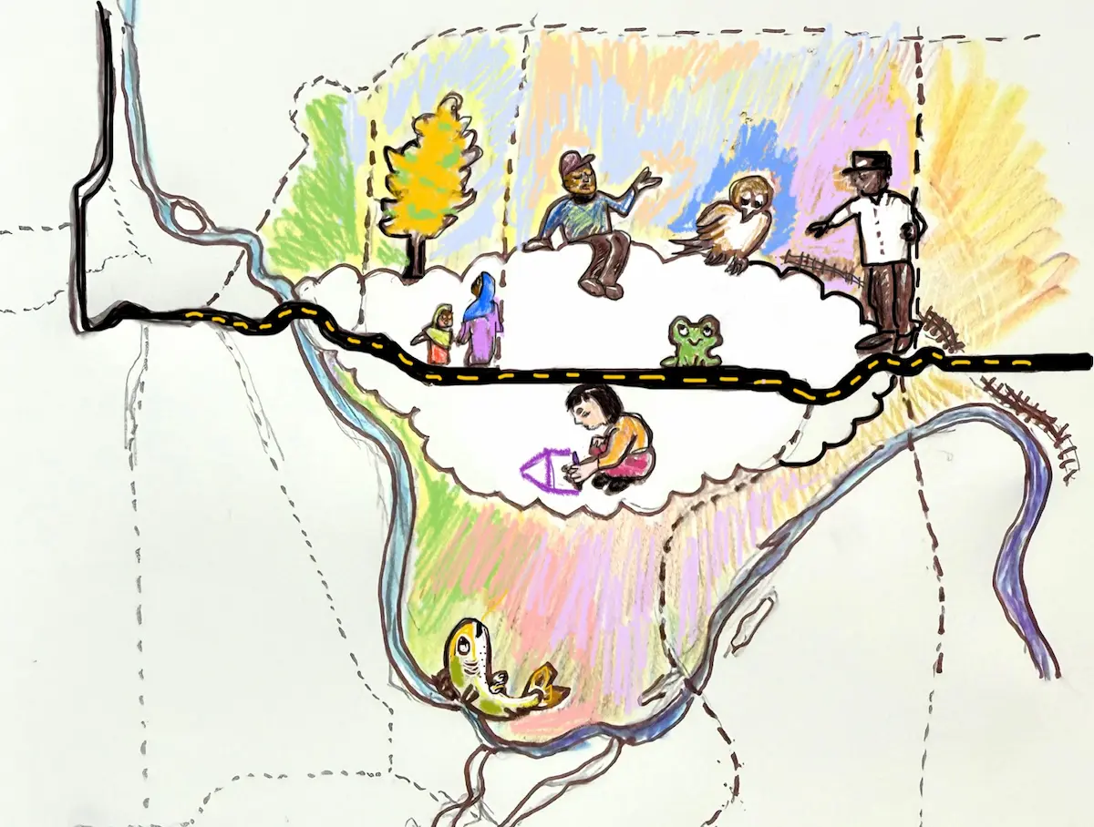 A hand-drawn doodle depicting a simple map of the Saint Paul metro outlined by the Mississippi River and the I-94 corridor. A cloud is drawn around the area surrounding I-94. Near the cloud, two masc people with brown skin appear to have a conversation, a mother and child in hijab stand along the highway, and a young child with straight black hair and light skin draws with a purple crayon. In the doodle is also a fish, a brown owl, a green frog, and a tree with yellow and green leaves. The area of saint paul is filled in with many different colored pencils.