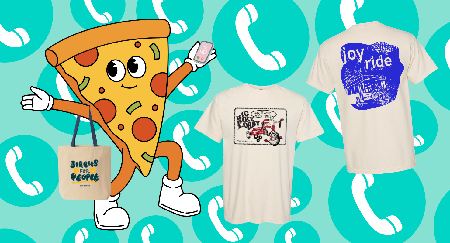 anthropomorphic pizza with Our Streets merch and phone icons