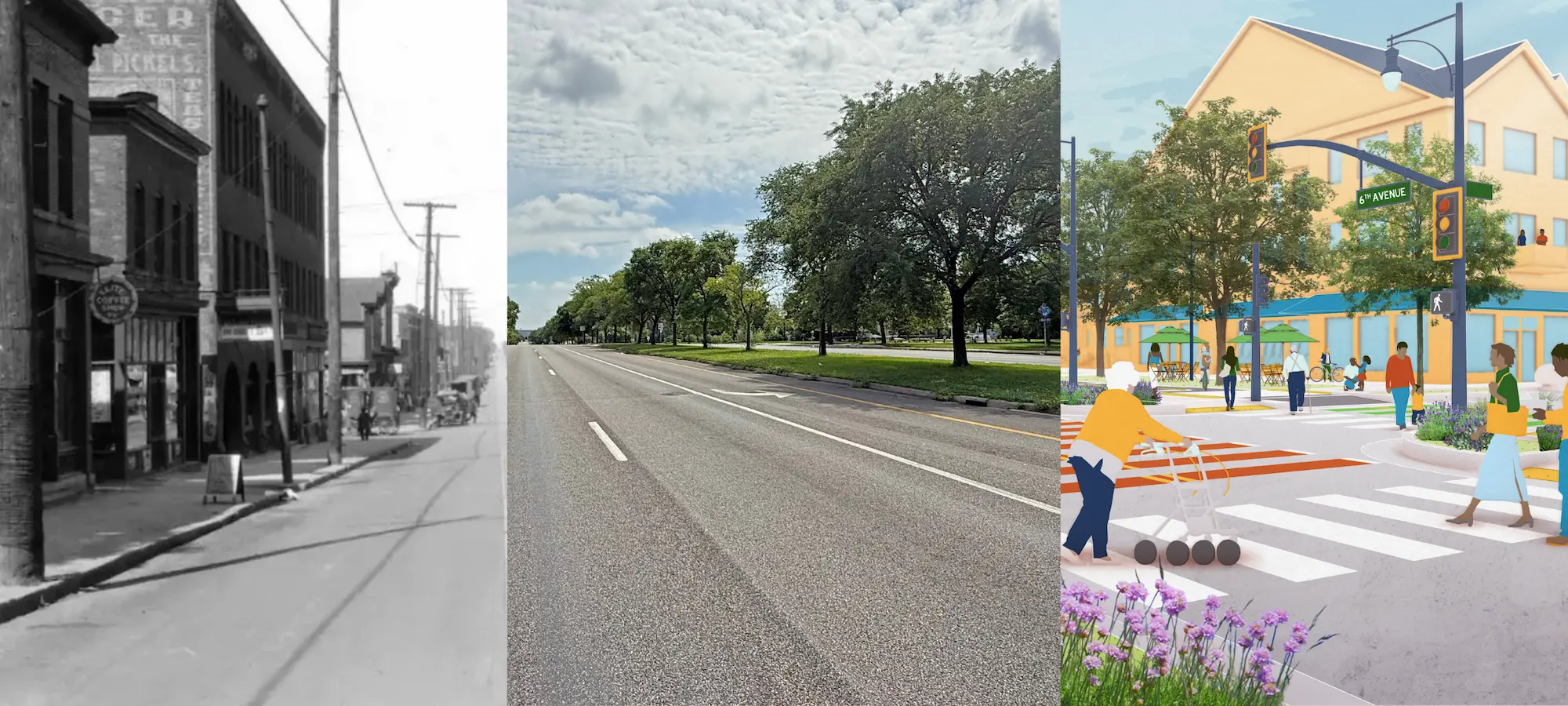 triptych of past, present, and future rendering of Olson Memorial Highway