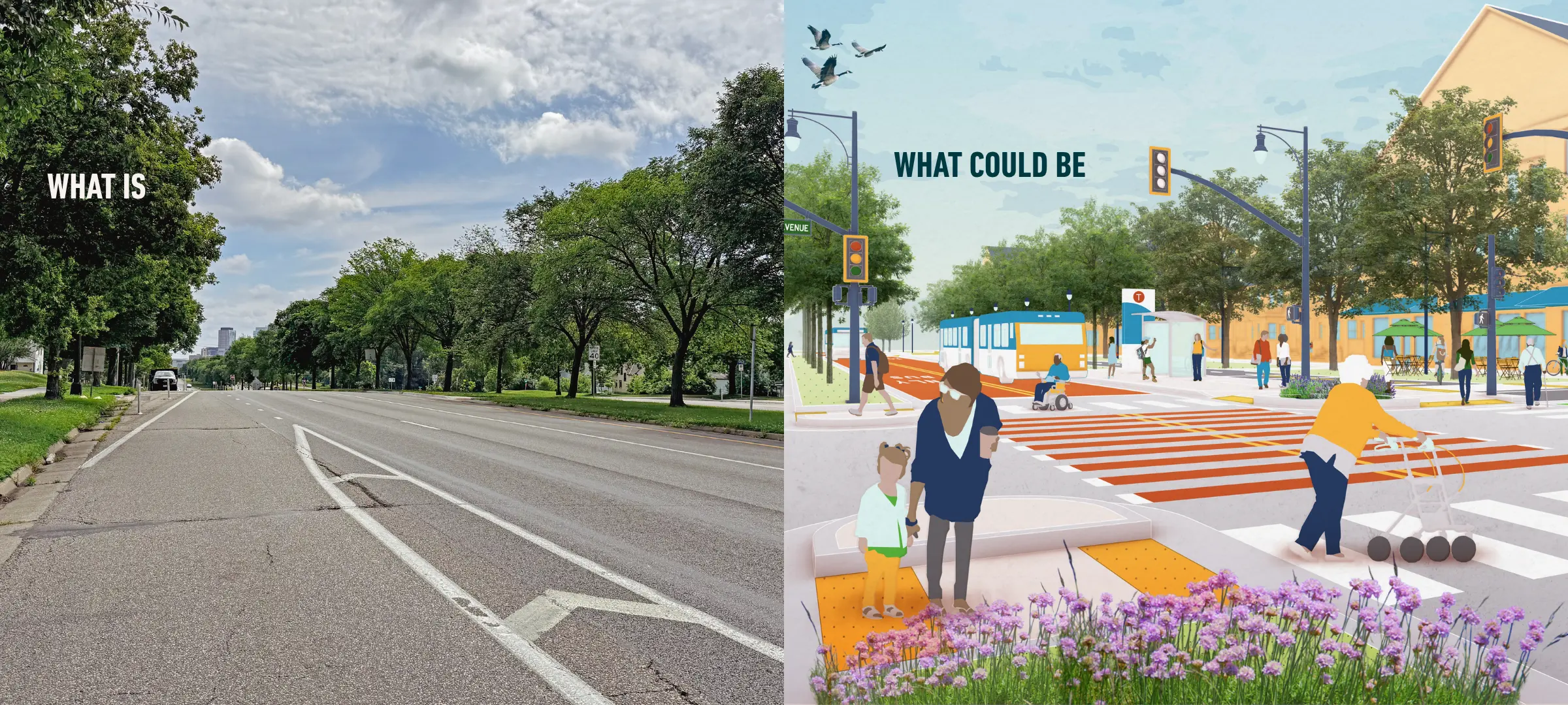Side by side of what Olson Memorial Highway currently looks like and what it can look like with complete street rendering.