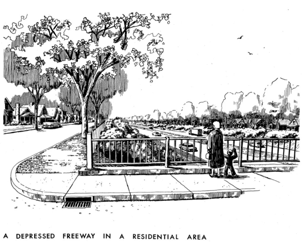 a rendering from the initial construction of 94, showing trees and a mother and child walking on the sidewalk and generally making 94 look much better than actuality