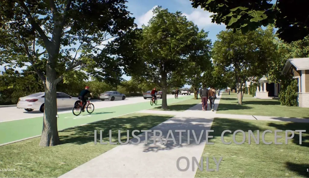 Mockup image with many mature trees, sidewalk at center, people walking, lots of grass, people biking in a green-painted bike lane, houses at right. Cars in the street at left, then more trees. Blue sky above. No highway in sight.